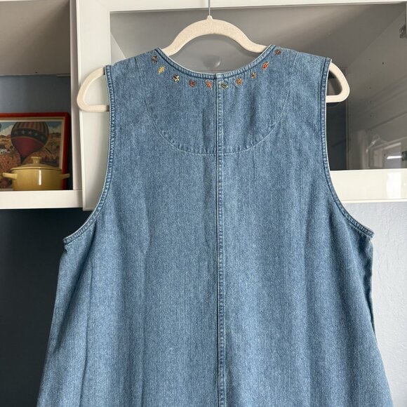 Vtg Christopher & Banks Embroidered Fall Leaves Denim Maxi Dress Autumn Folk - Picture 6 of 7